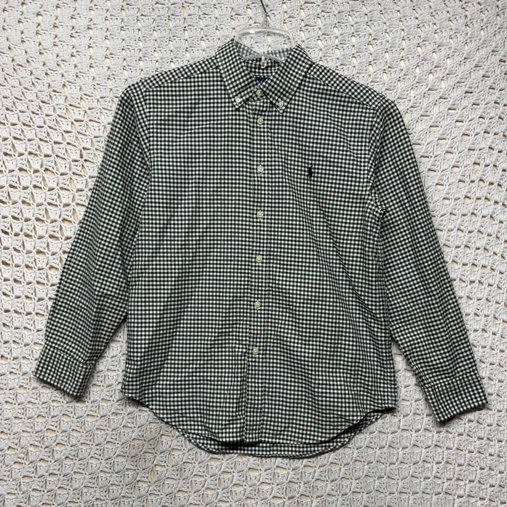 Ralph Lauren Boys Youth Shirt Sz L Olive Green Check Button-Down Long Slv Collar